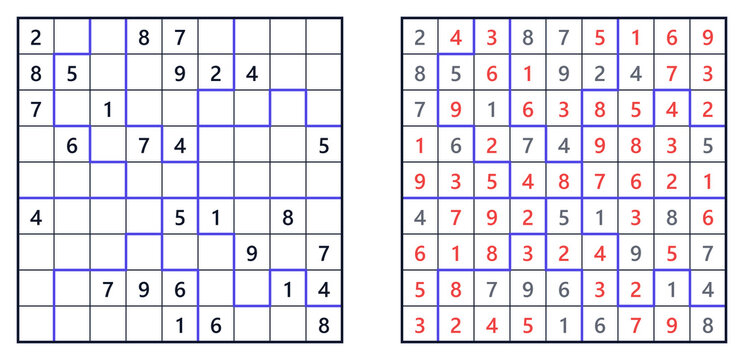 Classic hard jigsaw sudoku square with final red solution numbers, vector clip art for puzzle book design, educational worksheets, websites, blogs, and brain training content
