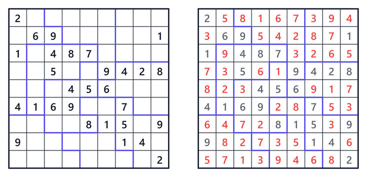 Jigsaw sudoku puzzle grid with red solution answers, vector clip art for logic game design, educational posters, printable activity books, websites, and social media posts