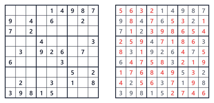 Classic hard sudoku square grid with red solution numbers, clip art for printable puzzle books, brain training games, educational websites, blogs, logic game templates, and posters
