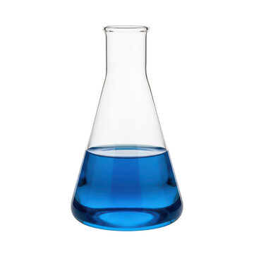 Blue chemical liquid in a laboratory glass erlenmeyer flask isolated on transparent background