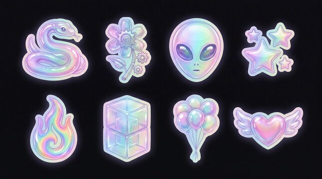 Holographic Cyber Aesthetic Sticker Set: 3D Iridescent Icons with Alien, Snake, Flame, and Winged Heart
