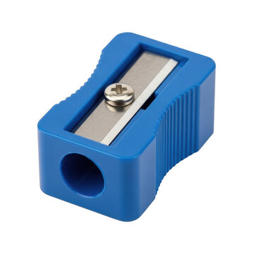 Blue plastic pencil sharpener with shavings isolated on transparent background