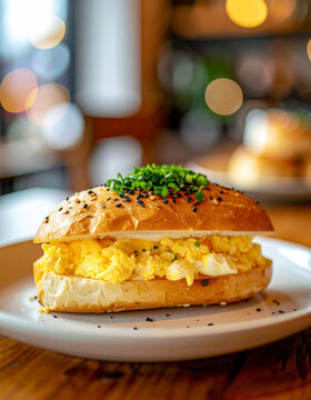 Japanese tamago sando with creamy egg mayo filling, soft milk bread, Tokyo cafe aesthetic, tasty food. Delicious snack. Close-up.