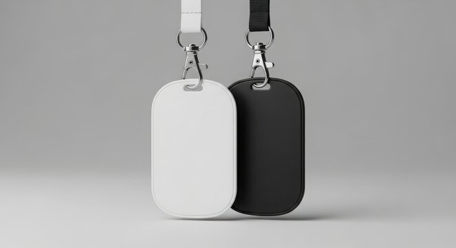Blank white and black id card holders with lanyards mockup