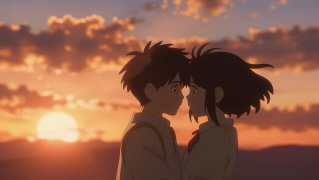 Anime Illustration eines jungen Paares im Sonnenuntergang