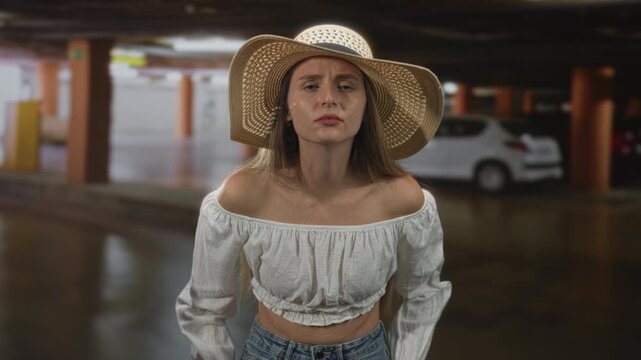 Woman in straw hat exposes bare shoulder and squints while standing in a parking garage inside a building; uncertainty waiting.