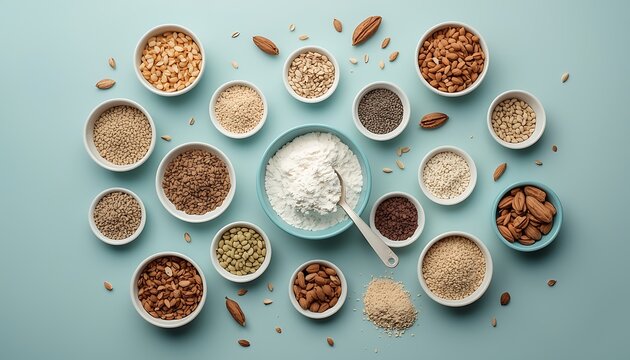 A vibrant assortment of various spices and seasonings displayed in small bowls arranged artistically on a light blue background