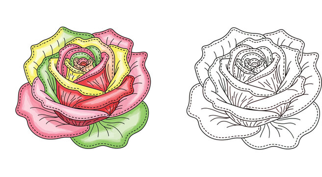 Colorful Stitched Patchwork Rose Flower Vector Set with Rainbow Petals and Black and White Line Art Version for Adult Coloring Page, Decorative Floral Craft and Embroidery Design Element