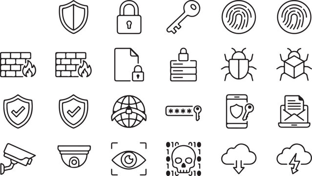 Cybersecurity icon set black line art 20 vector symbols