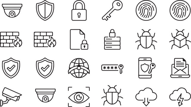 Cybersecurity icon set with shield lock and biometrics