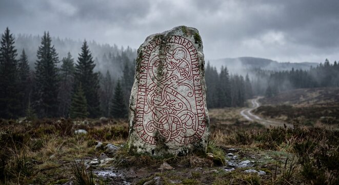 A weathered Viking runestone stands tall in a misty landscape with ancient carved Nordic artwork.