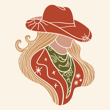 Grunge western cowgirl tattoo portrait vector, vintage gothic cowboy hat woman with cactus illustration, distressed hand-drawn dark folklore print for streetwear and t-shirt design
