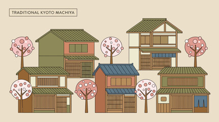 Obraz premium Charming Kyoto Machiya Houses and Cherry Blossoms in Traditional Japanese Spring Illustration