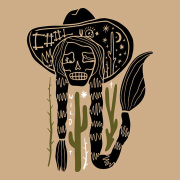 Grunge western tattoo style cowgirl illustration, badass girl skull vector with cowboy hat, wild west aesthetic graphic print, edgy vintage streetwear design