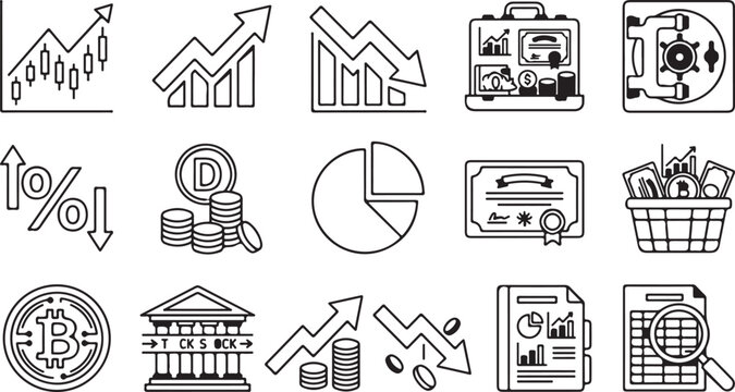 Finance and stock market black line icon set vector