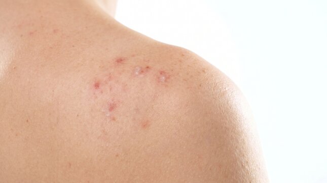 Close up of inflamed acne and skin texture on a woman's shoulder