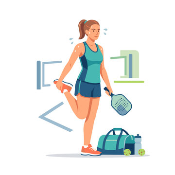 Woman stretching holding pickleball paddle and bag