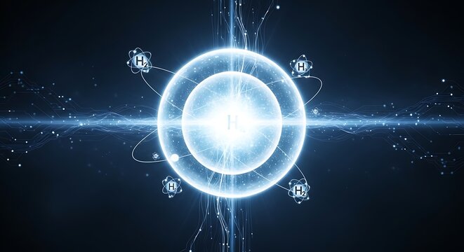 Glowing Blue Energy Atom Structure.