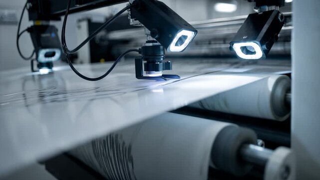 Dynamic medium shot of cameras capturing coating voids on a moving web focusing on highprecision vision technology for quality assurance