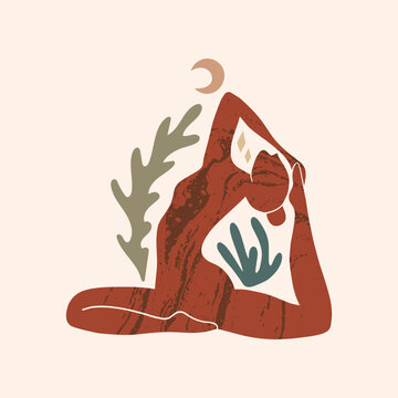 Abstract moon goddess lettering vector, minimalist spiritual woman silhouette, aesthetic reiki and yoga line art with botanical elements, mystical graphic clipart