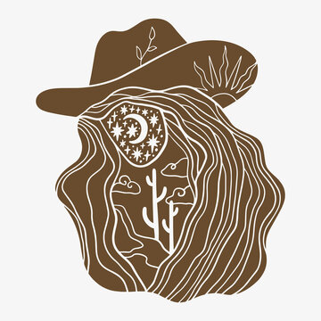 Grunge western cowgirl tattoo portrait vector, vintage gothic cowboy hat woman with cactus illustration, distressed hand-drawn dark folklore print for streetwear and t-shirt design