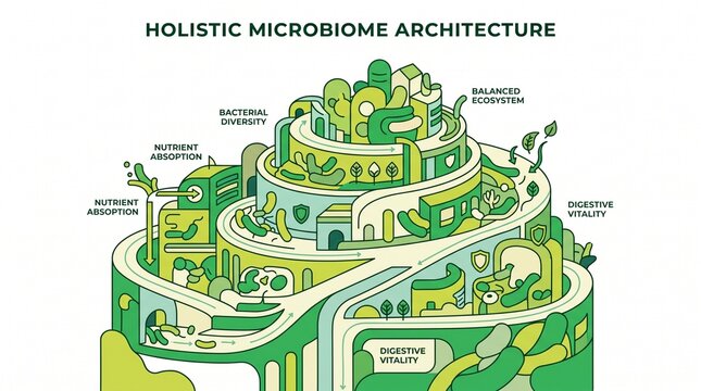 Holistic Microbiome Architecture, a complex green ecosystem illustration. Intricate biological system diagram, showing bacterial diversity, nutrient absorption