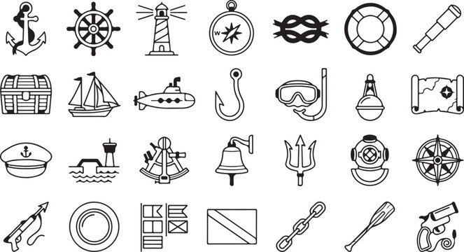 Nautical pirate icon set black and white line art