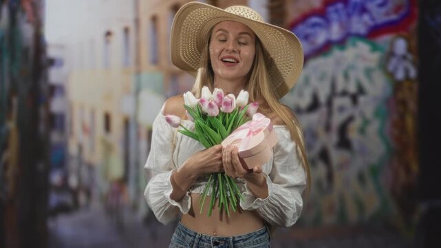 Young woman holding tulip bouquet and pink heart gift on graffiti street wearing straw hat and off shoulder top; romance spring gift.
