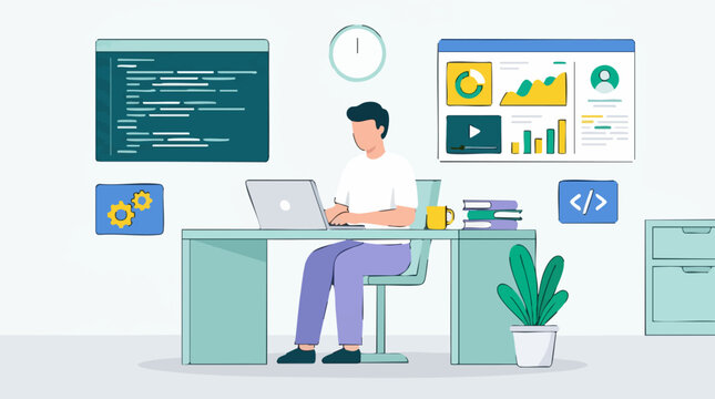 Software Developer Coding on Laptop in Modern Office Workspace