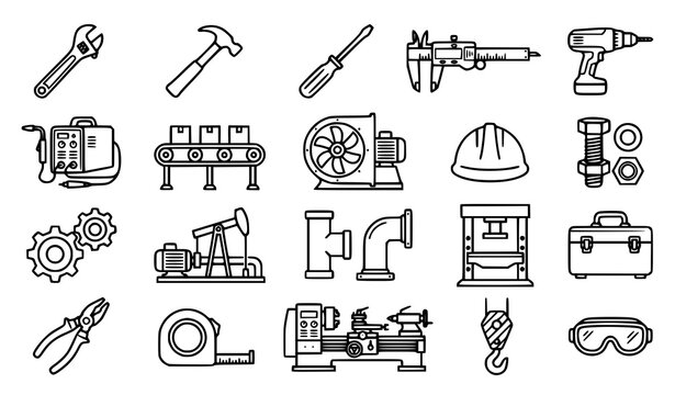 Isolated black line art industrial tool and manufacturing equipment icons set for technical design projects