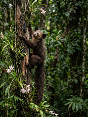 Obraz premium An Aye-Aye skillfully ascends a mossy tree trunk in its lush tropical habitat, observing the vibrant rainforest surroundings