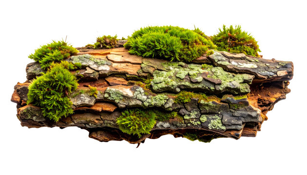Close up view of a weathered tree bark log covered with vibrant green moss and gray lichen