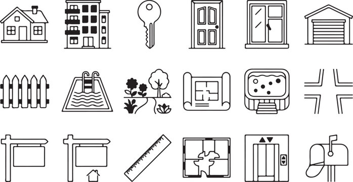 Real estate icon set line art home symbols property vector
