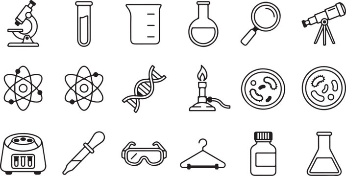 Science lab icons set black outline vector symbols