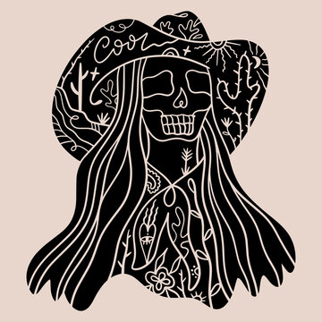 Grunge western tattoo style cowgirl illustration, badass girl skull vector with cowboy hat, wild west aesthetic graphic print, edgy vintage streetwear design