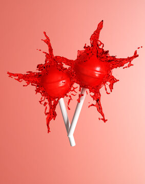Lollipop with splash of juice on red background. 3d-rendering