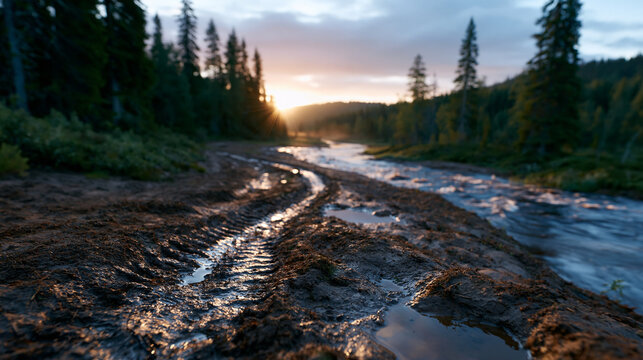 A cinematic detailed photograph taken from a bird's-eye view, 10 meters high, looking down on a muddy clay river bank in a remote Finnish forest at golden hour, Embedded in the com