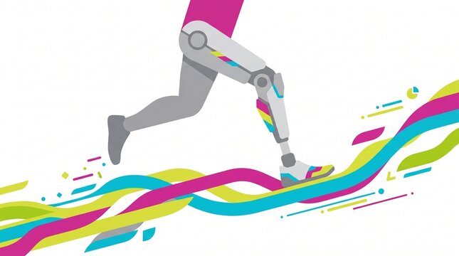 Bionic leg running illustration, a futuristic prosthetic limb in motion, vibrant abstract lines, modern technology and human enhancement concept.