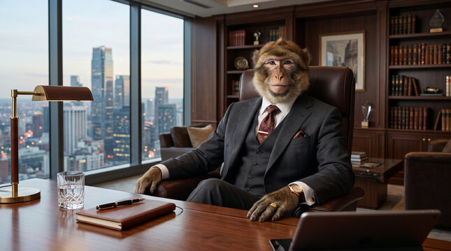 Elegant Monkey Executive Wearing Three Piece Suit Sitting in Corporate High Rise Office