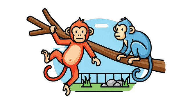 Two Monkeys Playing on Branches Tree.