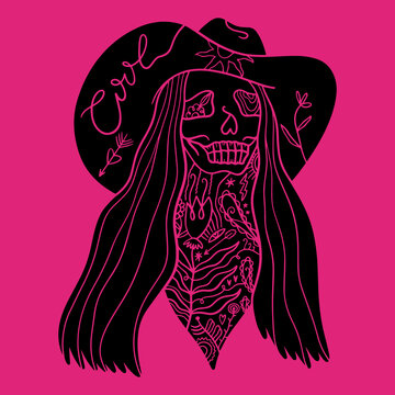 Grunge western tattoo style cowgirl illustration, badass girl skull vector with cowboy hat, wild west aesthetic graphic print, edgy vintage streetwear design