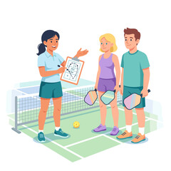 Fototapeta premium Pickleball coach explains strategy to two players with paddles