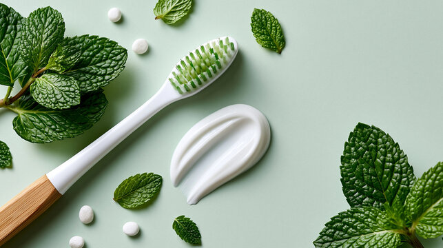 Clean minimal dental health concept flat lay photo, white toothbrush and a neat stripe of white toothpaste on a pale mint green background, small scattered mint leaves and tiny whi