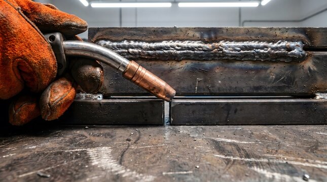 Close-up of a welder's gloved hand holding a welding torch, creating a seam on metal macro close-up, industrial detail, manufacturing background