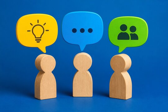 Wooden figures displaying idea chat and group icons on blue