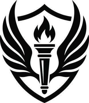 Shield emblem featuring flaming torch and symmetrical wings structure.