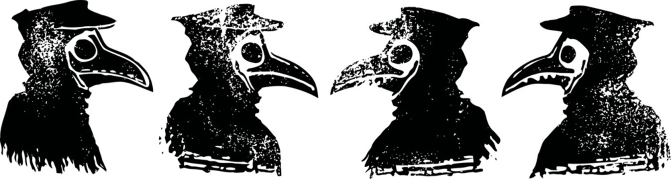 Illustrations of plague doctor masks in vintage style, four different angled silhouettes