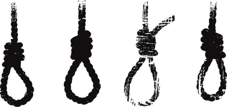 Distressed vintage noose silhouettes set hanging rope tied in different knot styles, grunge textured design
