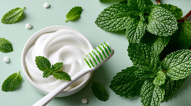 Clean minimal dental health concept flat lay photo, white toothbrush and a neat stripe of white toothpaste on a pale mint green background, small scattered mint leaves and tiny whi