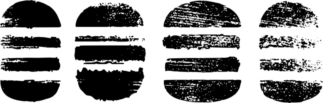 Four grunge hamburger bun and patty silhouettes with rough textured edges in black